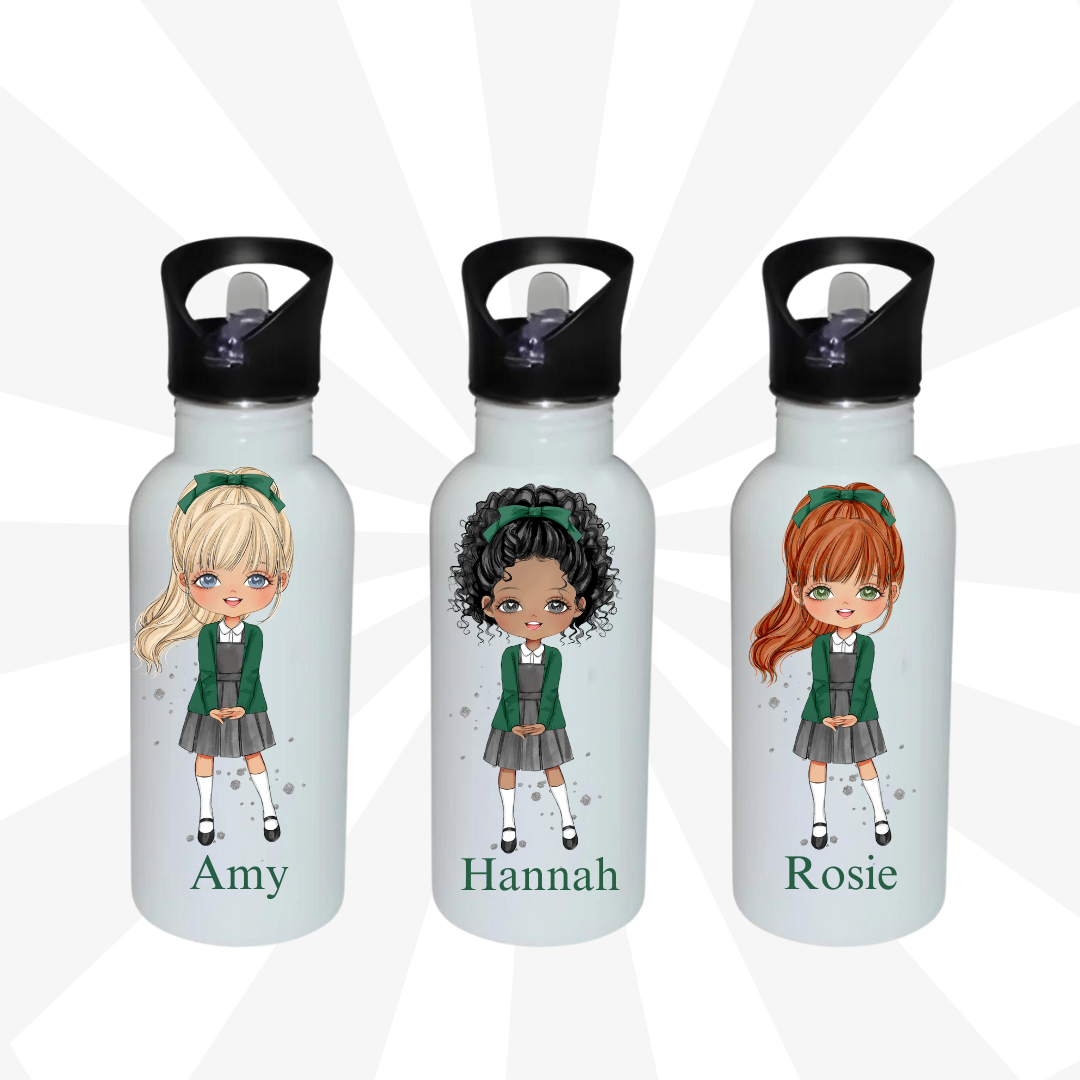Personalised school water bottle Green uniform