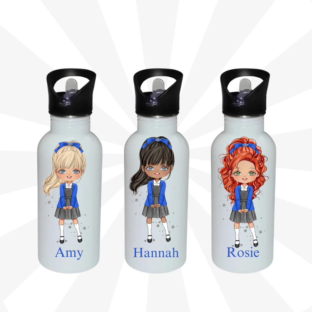 Personalised school water bottle Girl Blue uniform