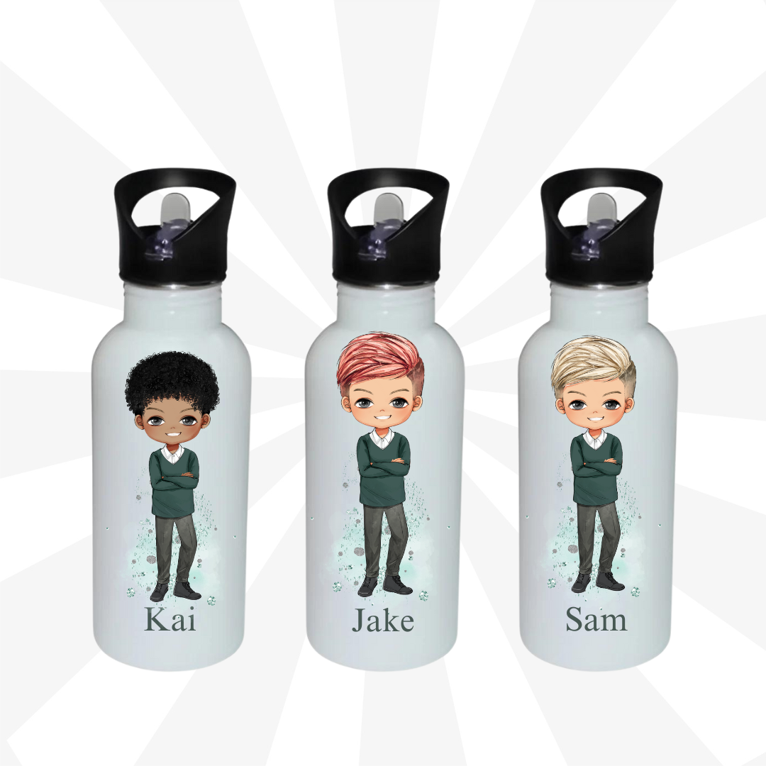 Personalised school water bottle green uniform