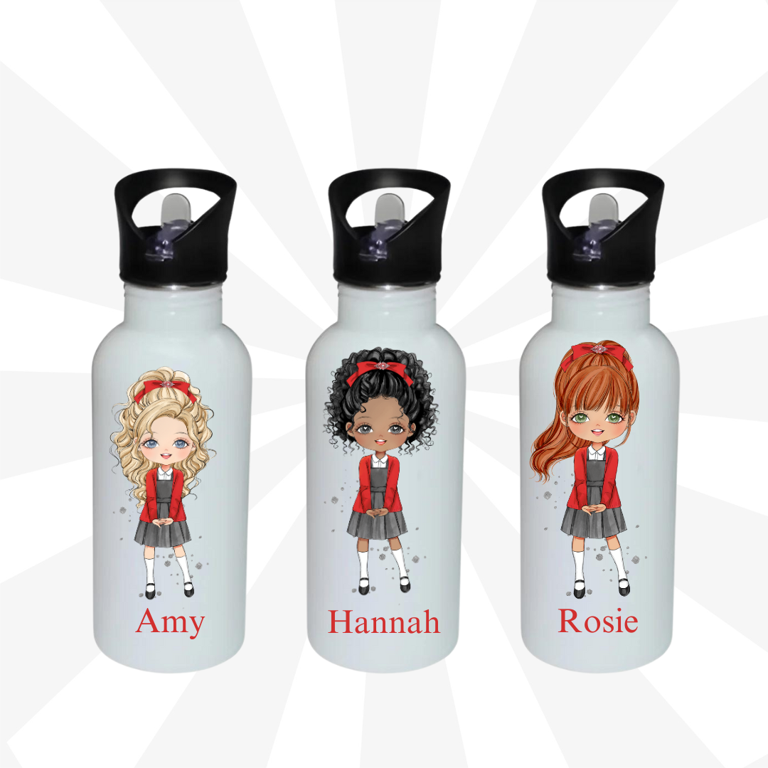 Personalised school water bottle girl red uniform