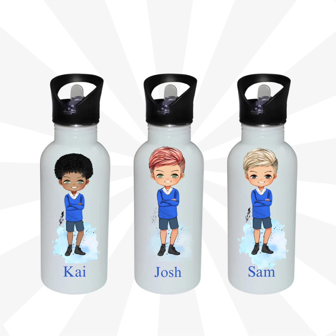 Personalised boy water bottle Blue uniform